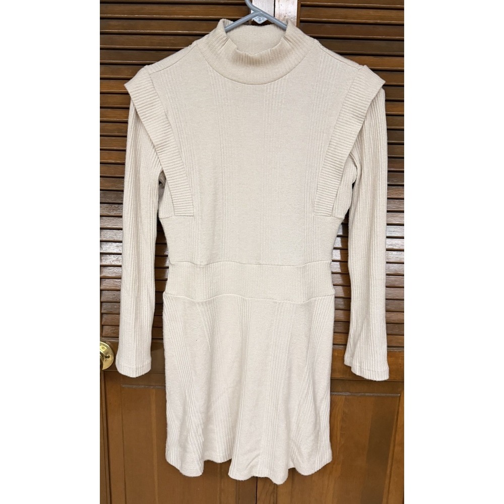 Maeve Anthropologie Sweater Dress XS Petite Cream Ribbed Mock Neck Minimalist